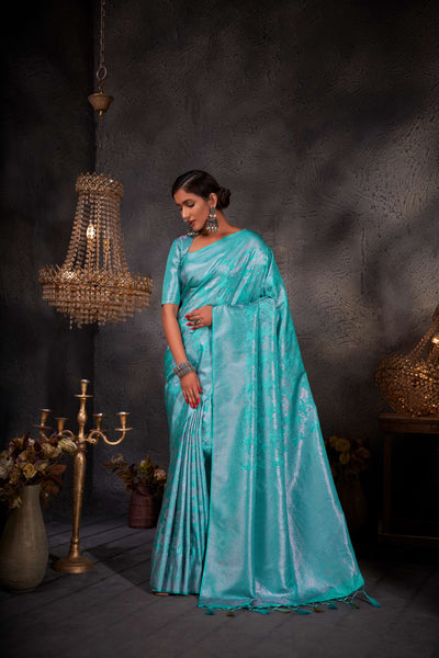 Turquoise Blue Pink Zari Kanjeevaram Silk Saree