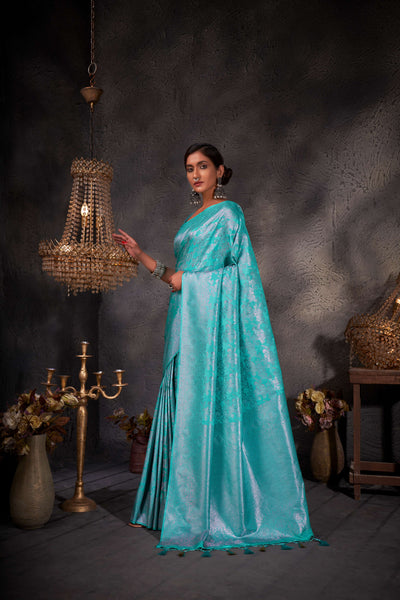 Turquoise Blue Pink Zari Kanjeevaram Silk Saree