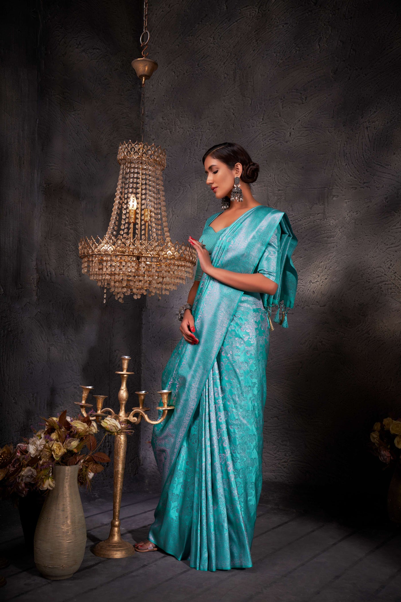 Turquoise Blue Pink Zari Kanjeevaram Silk Saree