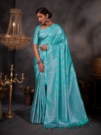 Turquoise Blue Pink Zari Kanjeevaram Silk Saree