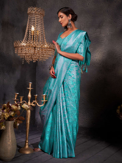 Turquoise Blue Pink Zari Kanjeevaram Silk Saree