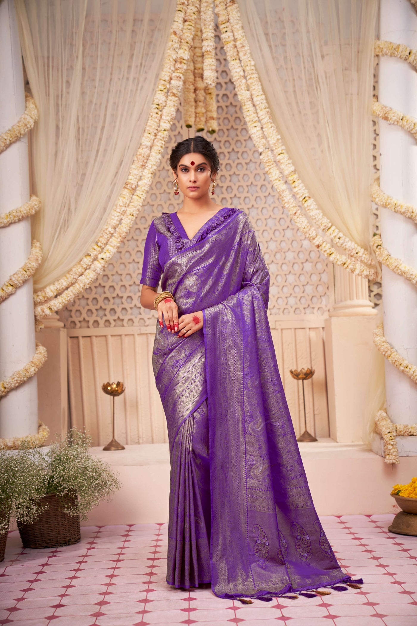 Pizza Edge Purple Gold with Copper Silver Zari Kanjeevaram Silk Saree