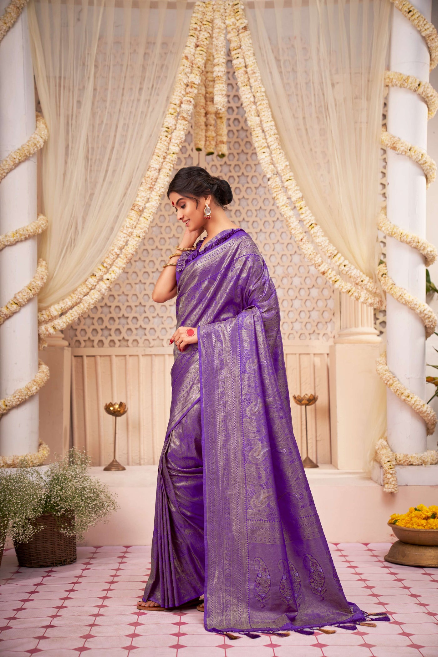 Pizza Edge Purple Gold with Copper Silver Zari Kanjeevaram Silk Saree