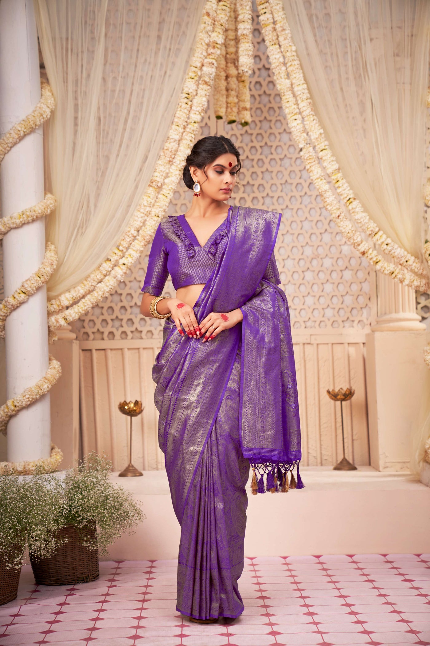 Pizza Edge Purple Gold with Copper Silver Zari Kanjeevaram Silk Saree