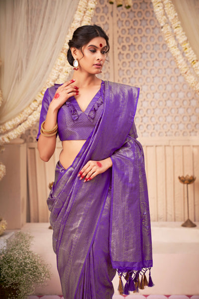 Pizza Edge Purple Gold with Copper Silver Zari Kanjeevaram Silk Saree