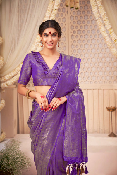 Pizza Edge Purple Gold with Copper Silver Zari Kanjeevaram Silk Saree