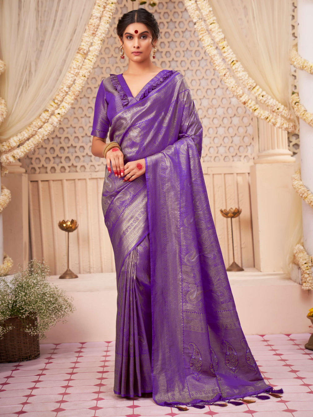 Pizza Edge Purple Gold with Copper Silver Zari Kanjeevaram Silk Saree