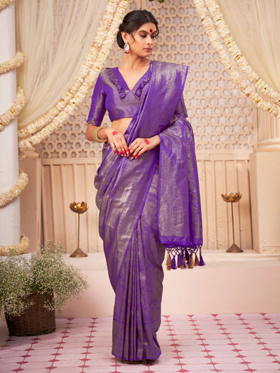 Pizza Edge Purple Gold with Copper Silver Zari Kanjeevaram Silk Saree