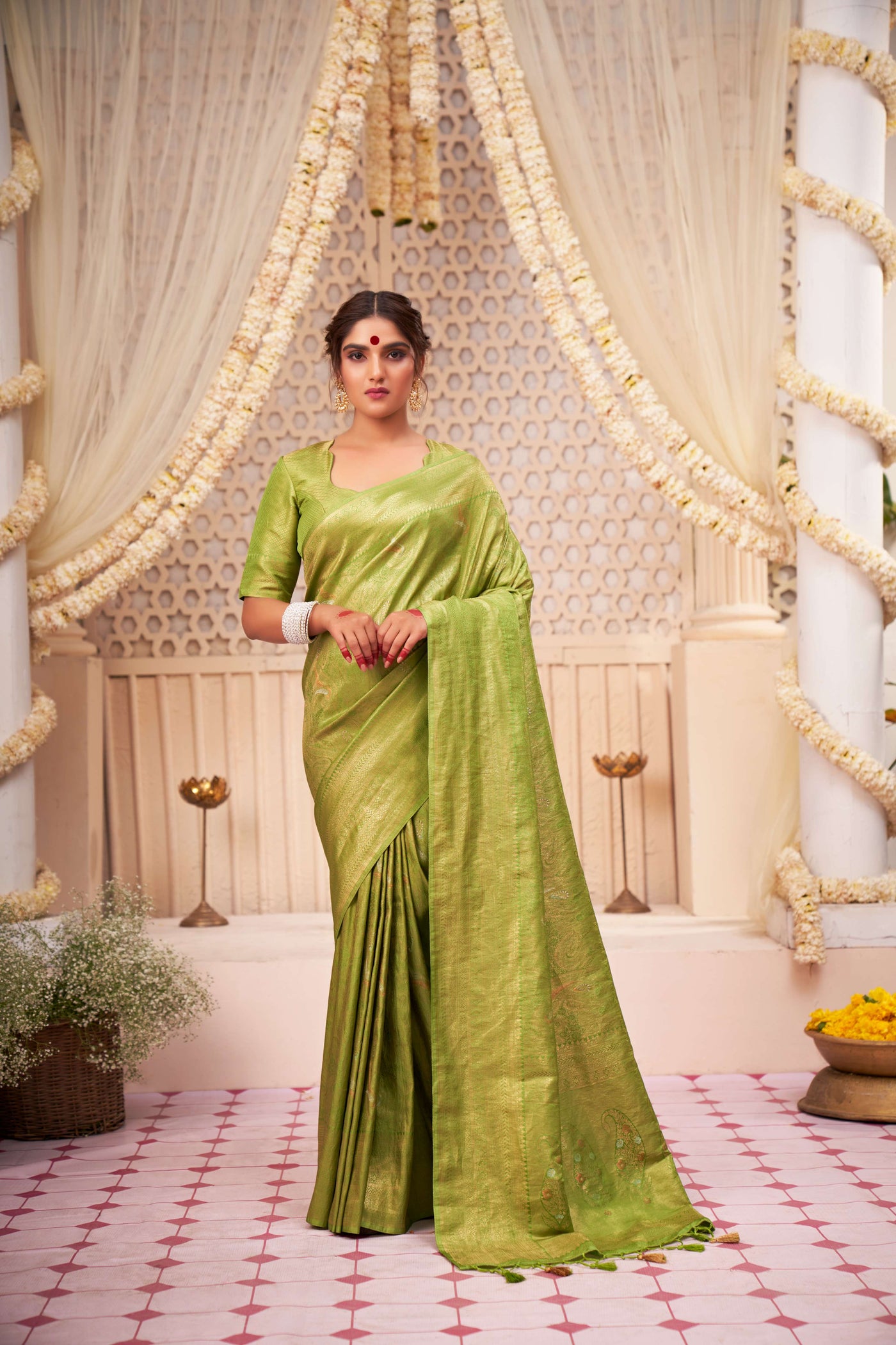 Lime Green Gold with Copper Silver Zari Kanjeevaram Silk Saree for Mehendi Function | House of Vardha