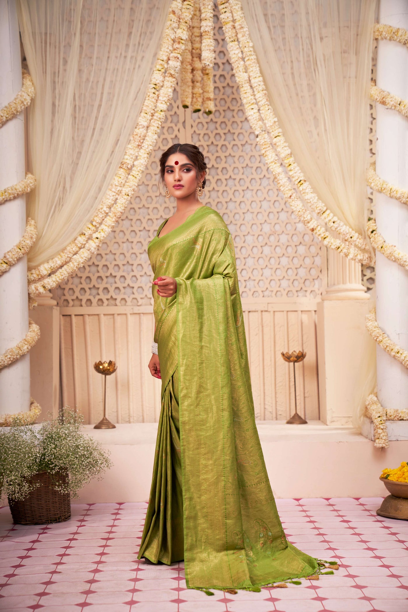 Lime Green Gold with Copper Silver Zari Kanjeevaram Silk Saree for Mehendi Rasam | House of Vardha