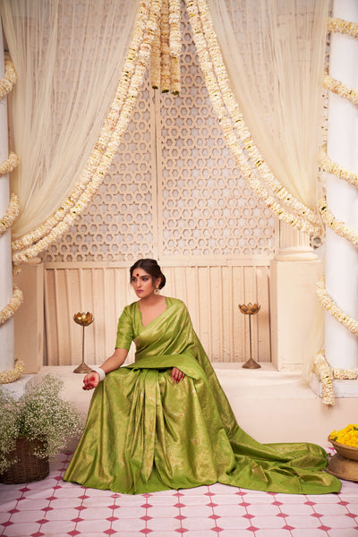 Lime Green Gold with Copper Silver Zari Kanjeevaram Silk Saree for Mehendi Ceremony | House of Vardha