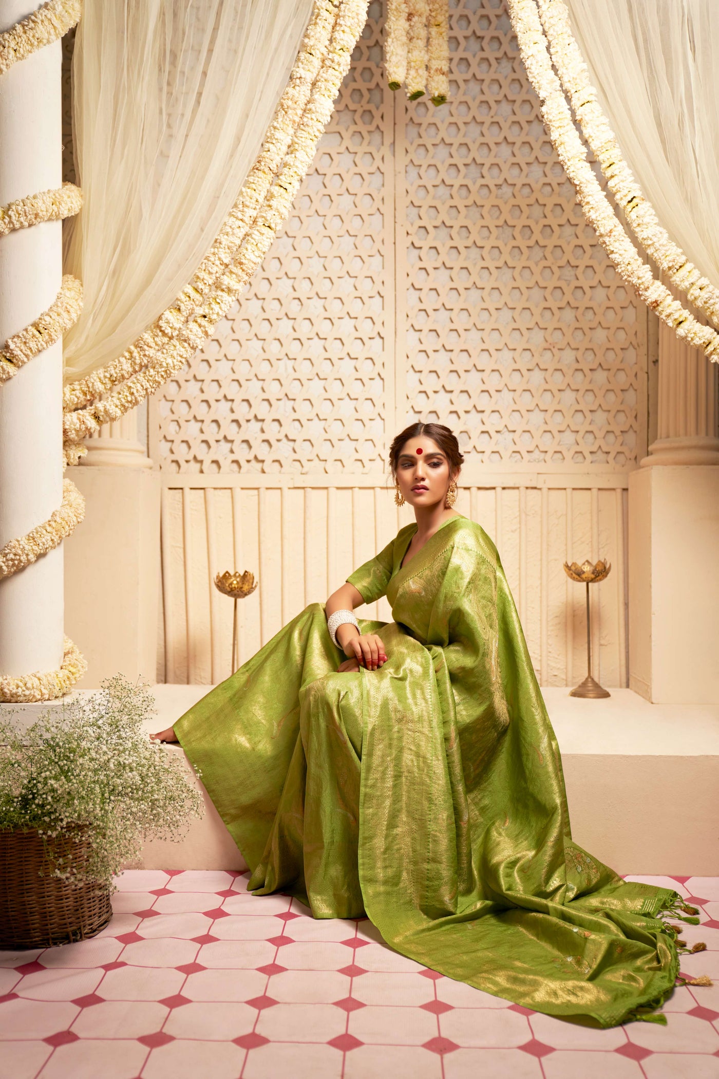 Lime Green Gold with Copper Silver Zari Kanjeevaram Silk Saree for Mehendi Ceremony | House of Vardha