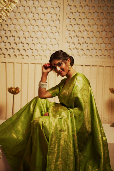 Lime Green Gold with Copper Silver Zari Kanjeevaram Silk Saree for Mehendi Ceremony | House of Vardha