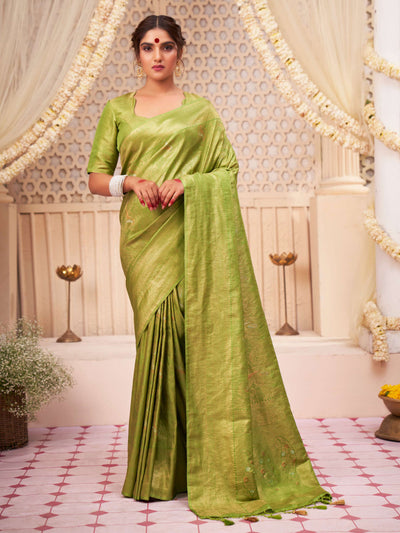 Lime Green Gold with Copper Silver Zari Kanjeevaram Silk Saree for Mehendi Ceremony | House of Vardha