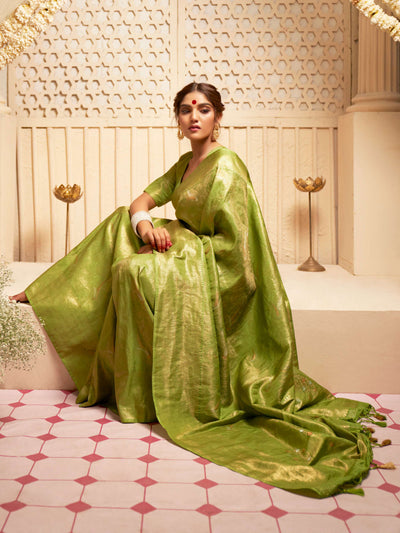 Lime Green Gold with Copper Silver Zari Kanjeevaram Silk Saree for Mehendi Ceremony | House of Vardha