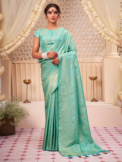 Turquoise Blue Gold with Copper Silver Zari Kanjeevaram Silk Saree