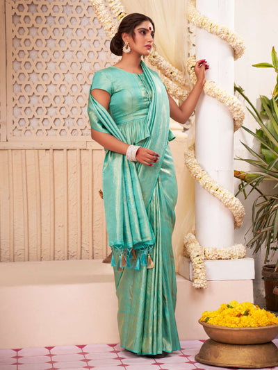 Turquoise Blue Gold with Copper Silver Zari Kanjeevaram Silk Saree