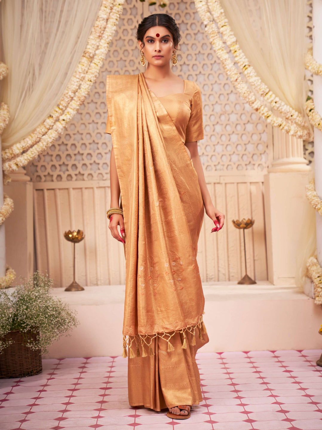 Marzipan Beige Gold with Copper Silver Zari Kanjivaram Silk Saree