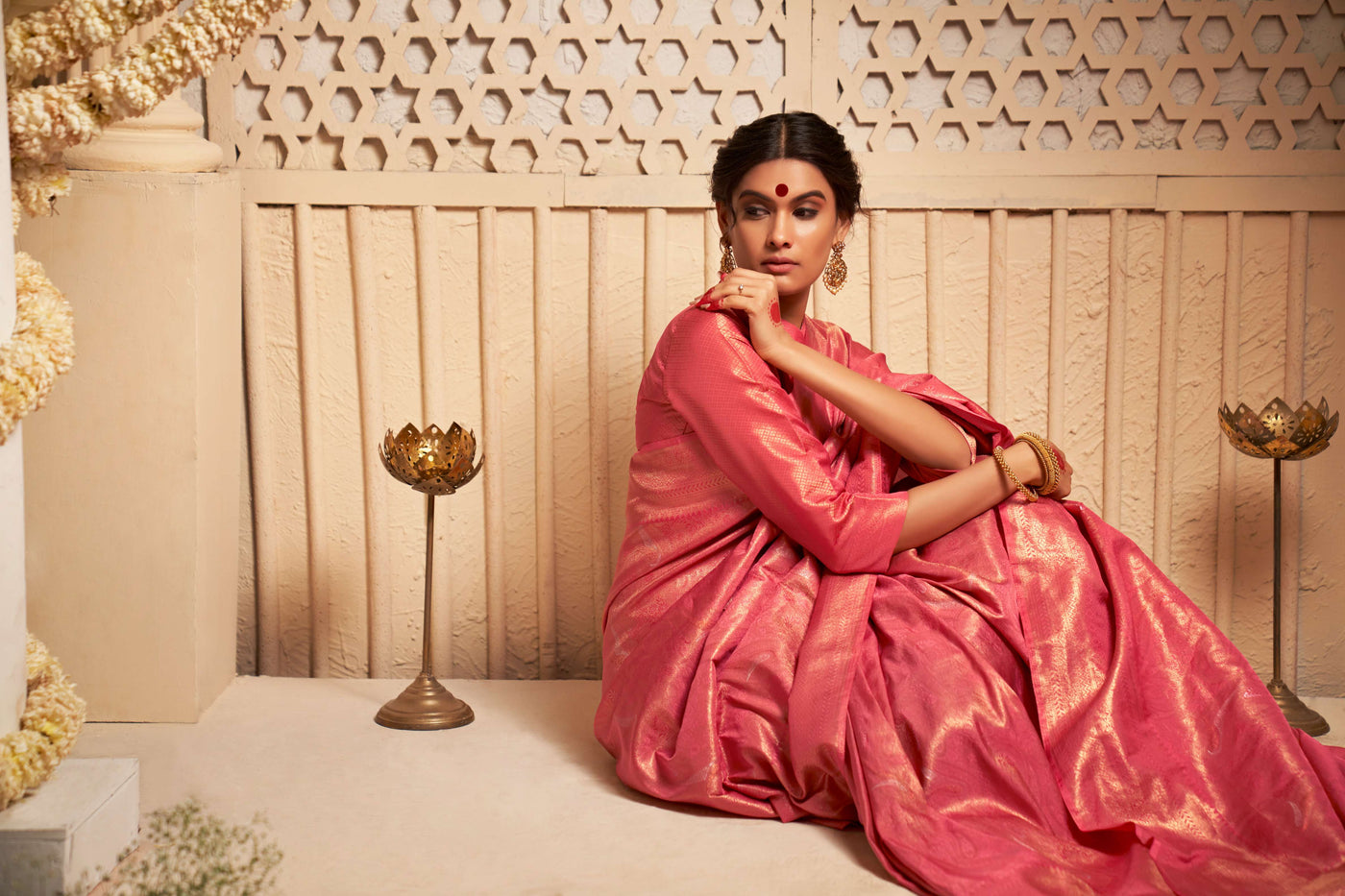 Watermelon Red Gold with Copper Silver Zari Kanjeevaram Silk Saree | Mehendi Fuction Saree | House of Vardha