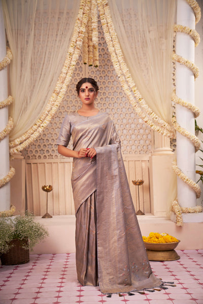 Cadet Grey Gold with Copper Silver Zari Kanjeevaram Silk Saree