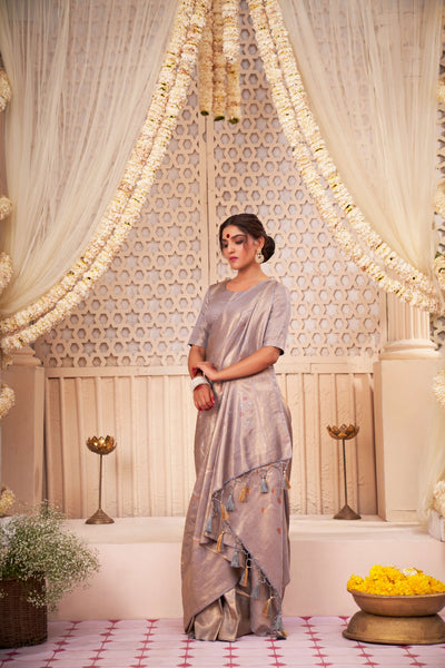 Cadet Grey Gold with Copper Silver Zari Kanjeevaram Silk Saree