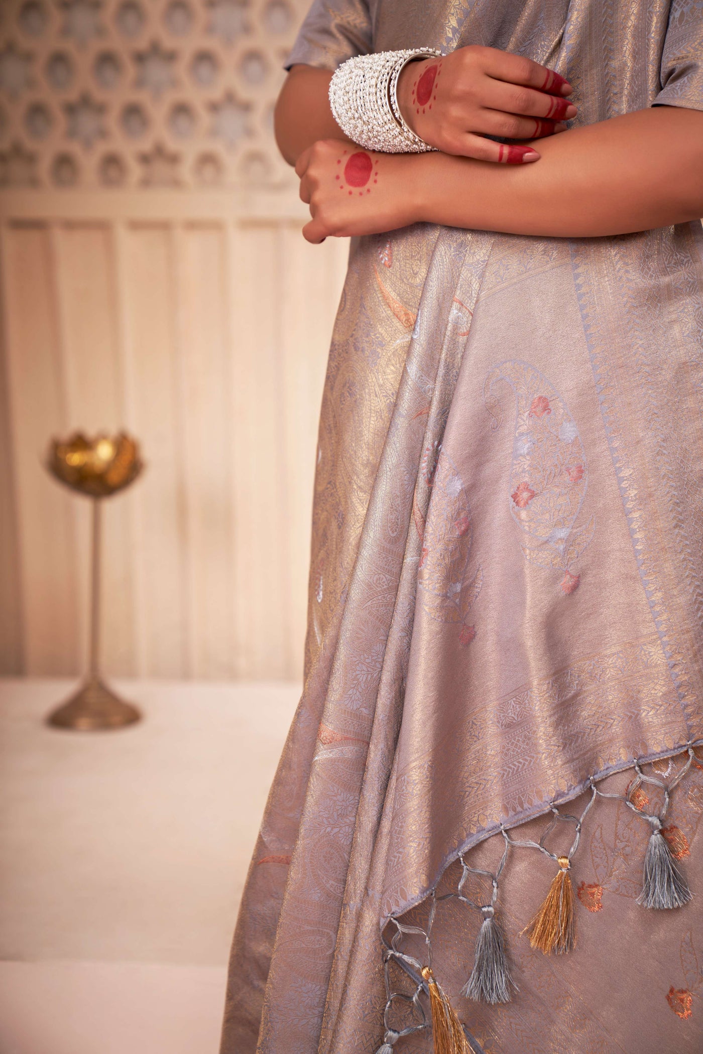 Cadet Grey Gold with Copper Silver Zari Kanjeevaram Silk Saree