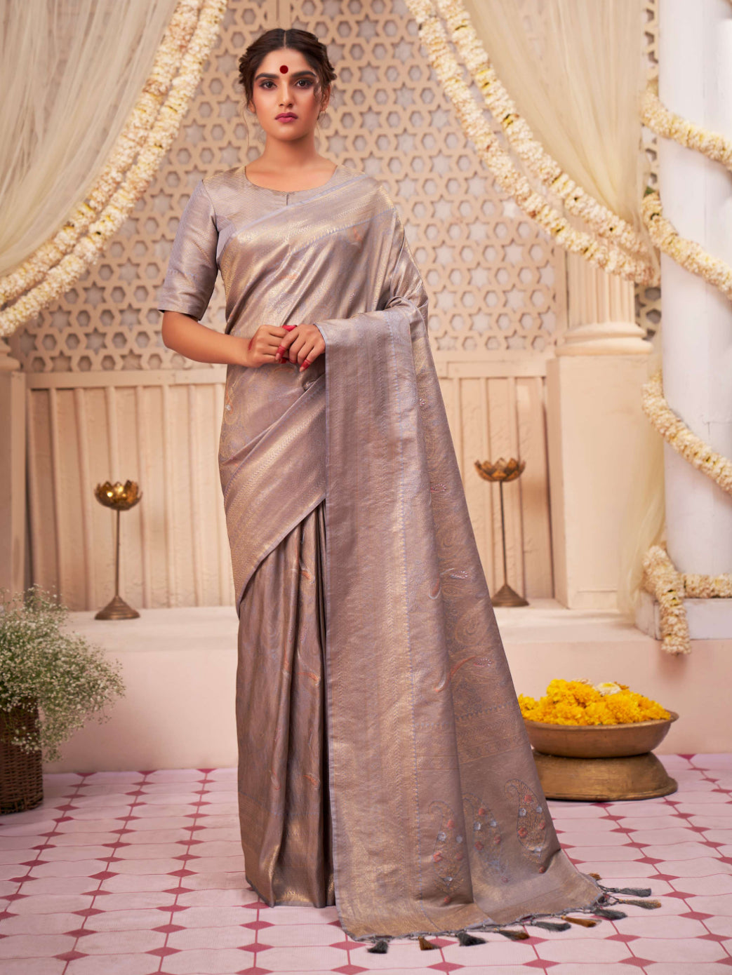 Cadet Grey Gold with Copper Silver Zari Kanjeevaram Silk Saree