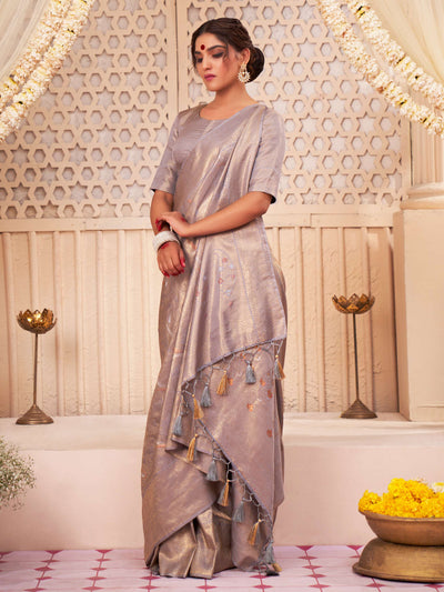 Cadet Grey Gold with Copper Silver Zari Kanjeevaram Silk Saree