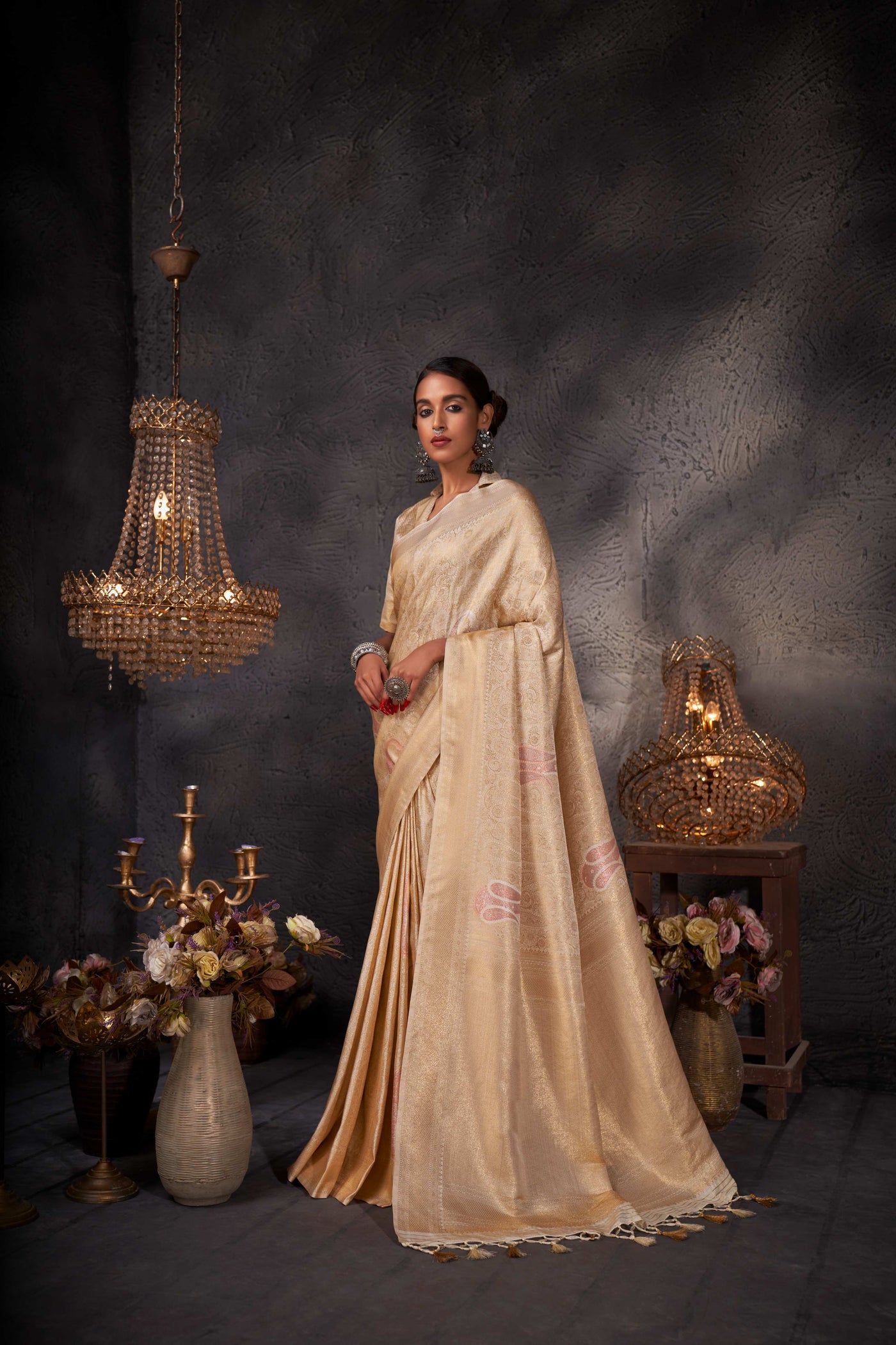 Nikita Dhongdi in Off-white Gold with Copper Silver Zari Kanjeevaram Silk Saree