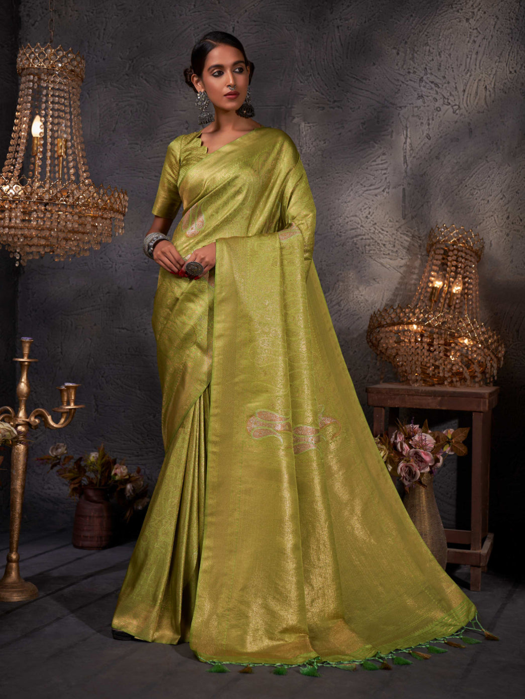 Yellowish Green Gold with Copper Silver Zari Kanjeevaram Silk Saree | House of Vardha