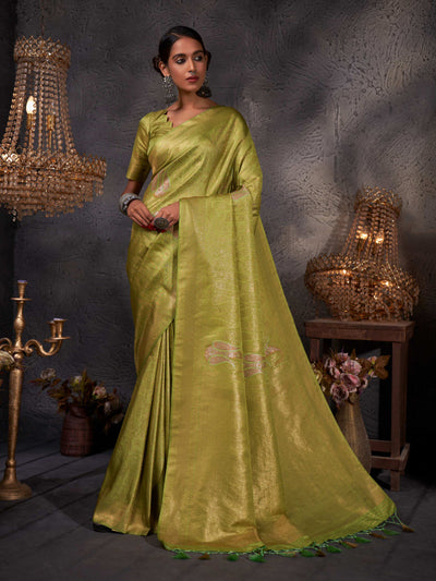Yellowish Green Gold with Copper Silver Zari Kanjeevaram Silk Saree | House of Vardha