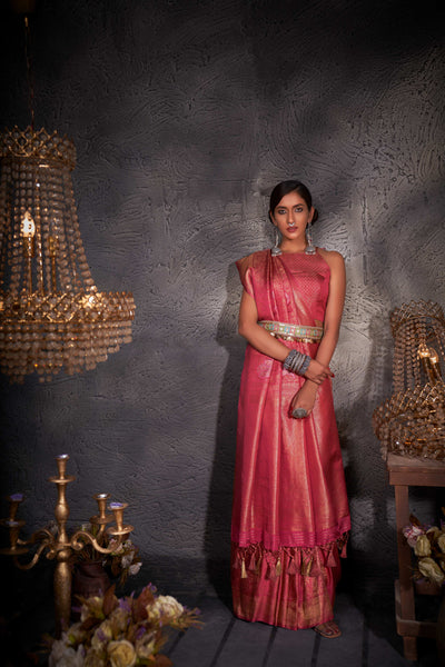 Blush Red Gold with Copper Silver Zari Kanjeevaram Silk Saree