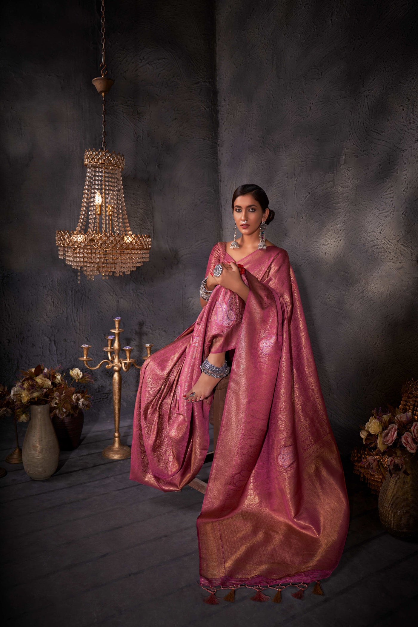 Raspberry Pink Gold with Copper Silver Zari Kanjeevaram Silk Saree