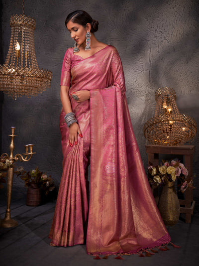 Raspberry Pink Gold with Copper Silver Zari Kanjeevaram Silk Saree