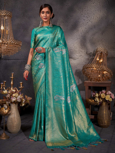 Robin Egg Blue Gold with Copper Silver Zari Kanjeevaram Silk Saree