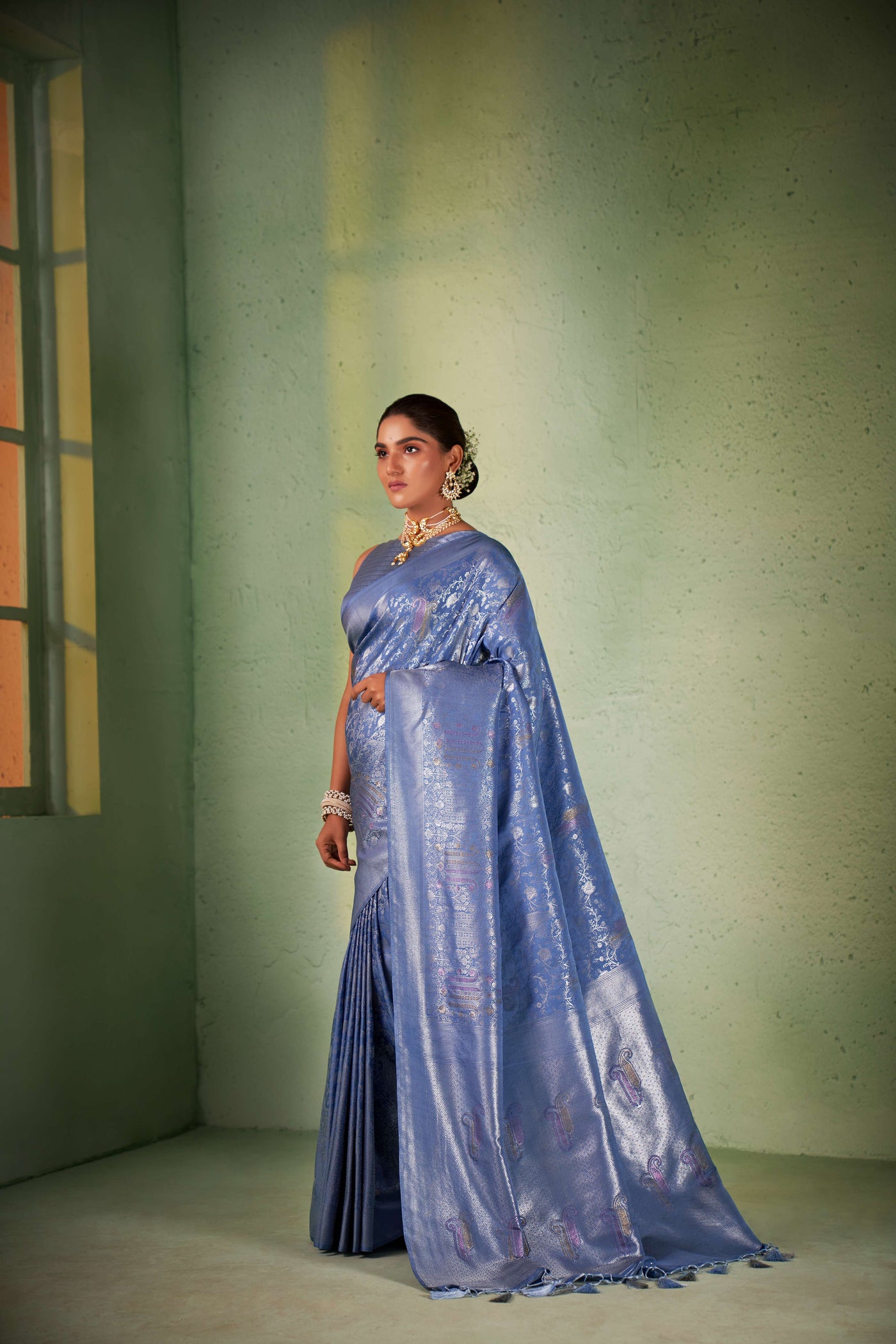 Cornflower Blue Silver with Gold Pink Zari Kanjeevaram Silk Saree