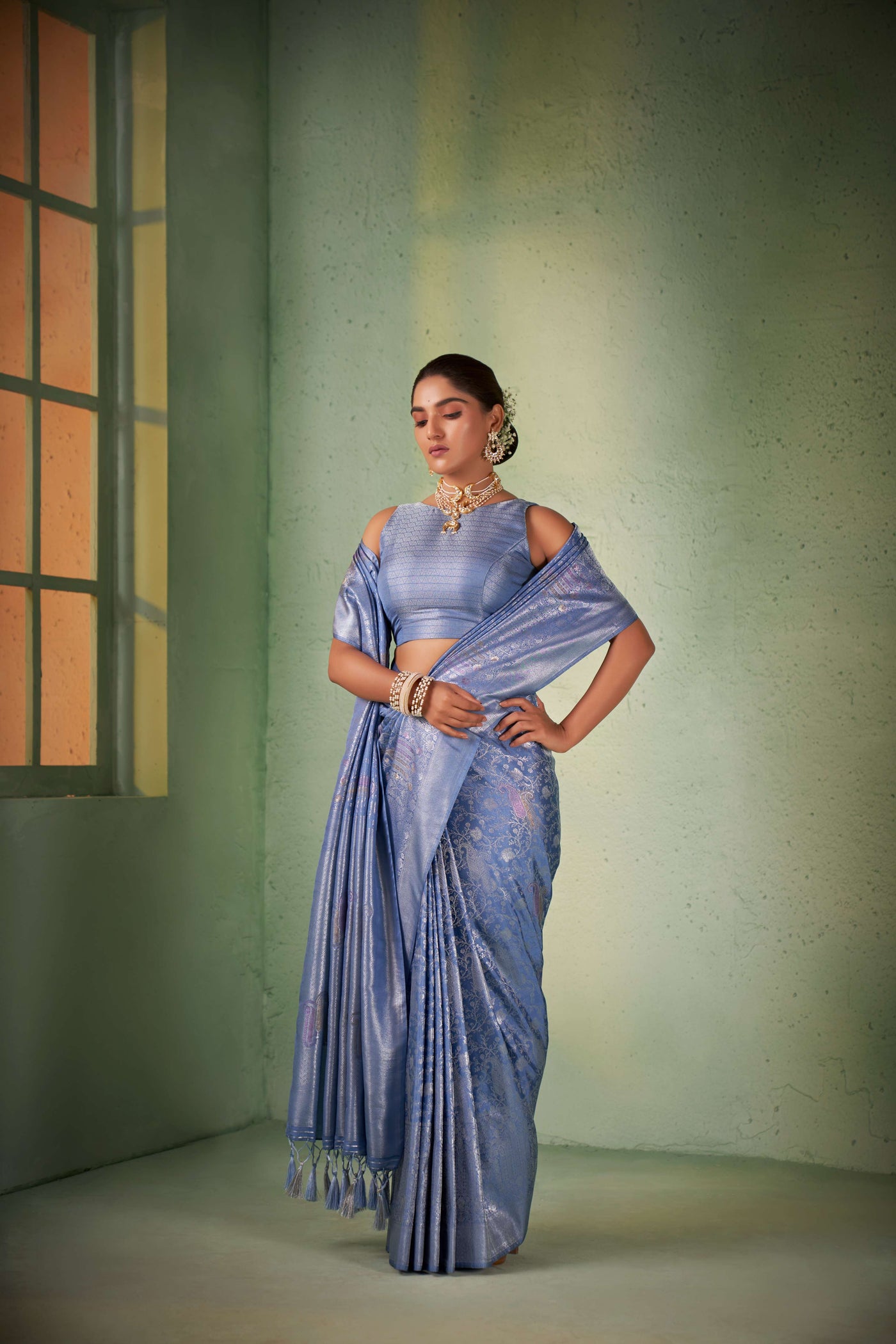 Cornflower Blue Silver with Gold Pink Zari Kanjeevaram Silk Saree