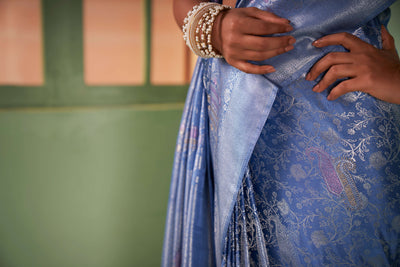 Cornflower Blue Silver with Gold Pink Zari Kanjeevaram Silk Saree