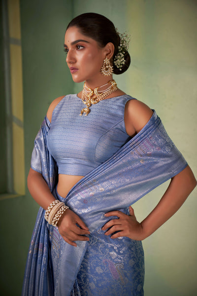 Cornflower Blue Silver with Gold Pink Zari Kanjeevaram Silk Saree