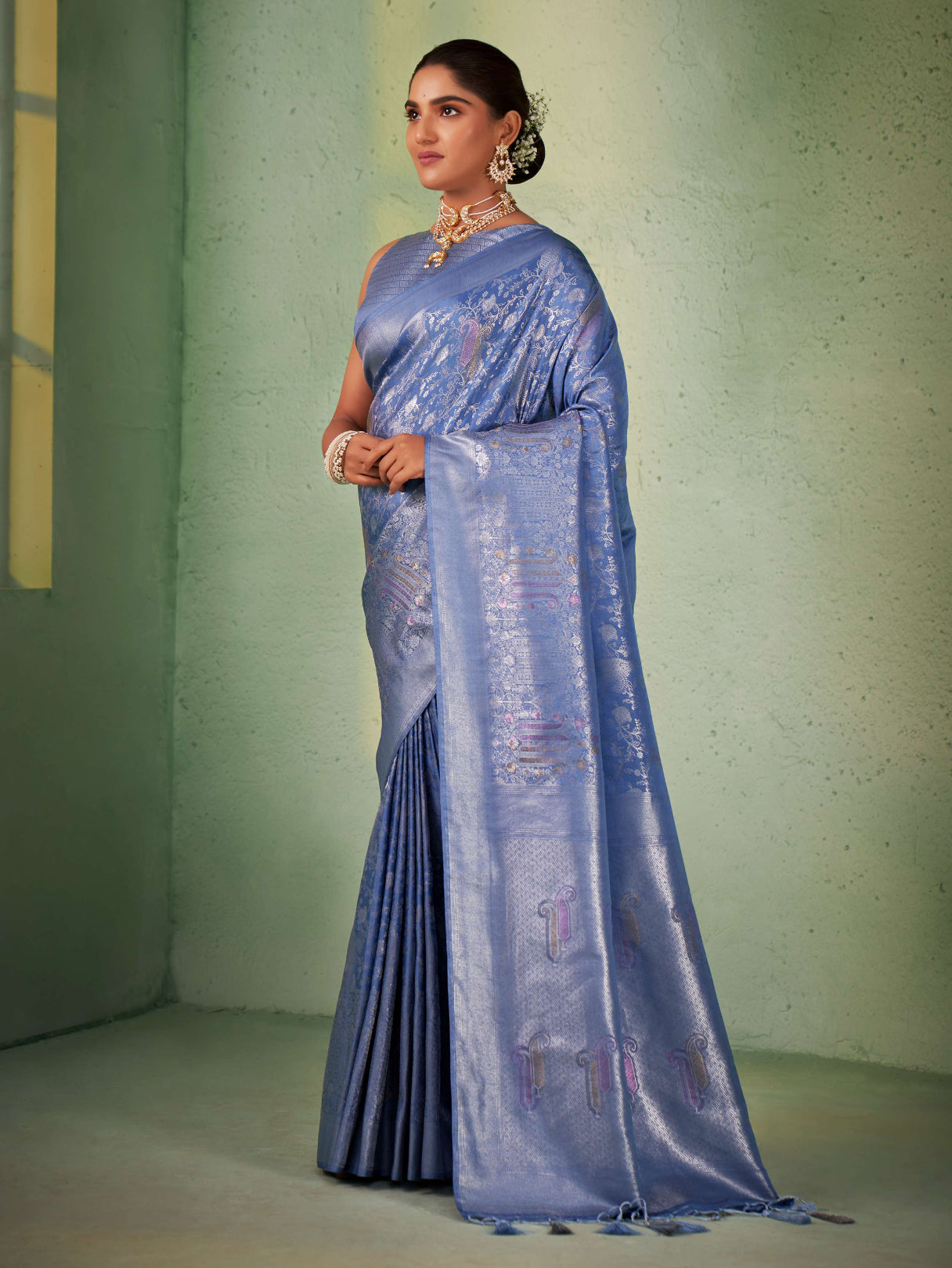 Cornflower Blue Silver with Gold Pink Zari Kanjeevaram Silk Saree