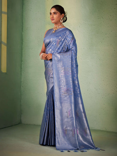 Cornflower Blue Silver with Gold Pink Zari Kanjeevaram Silk Saree