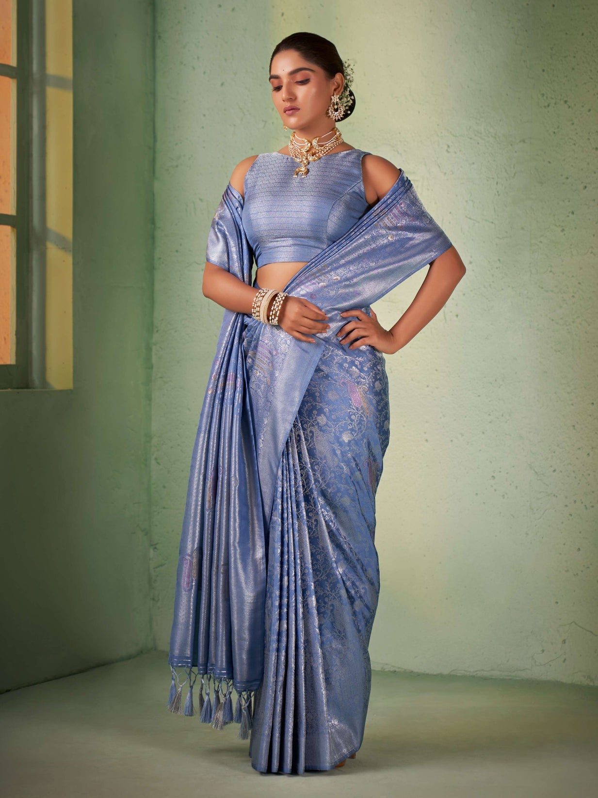 Cornflower Blue Silver with Gold Pink Zari Kanjeevaram Silk Saree