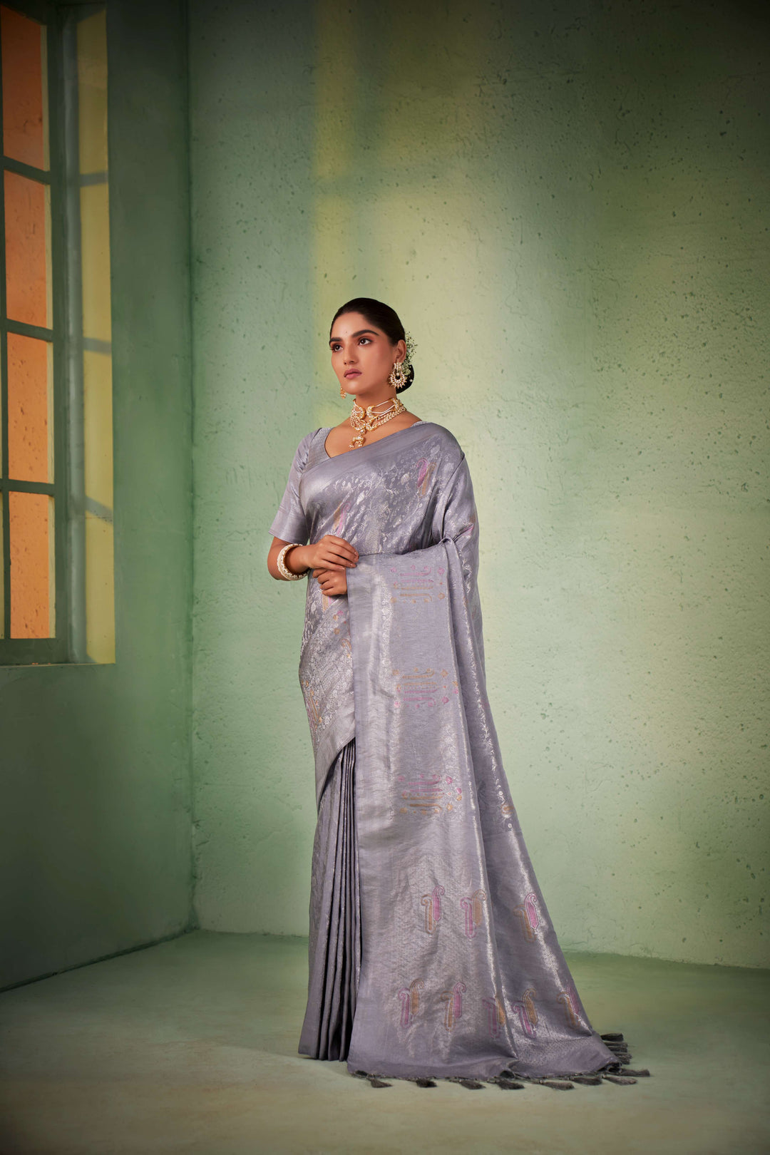 Cadet Grey Silver with Gold Pink Zari Kanjivaram Silk Saree