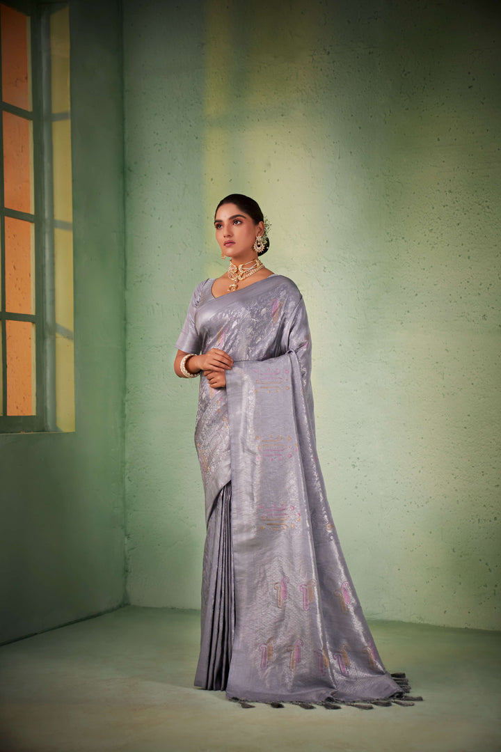 Cadet Grey Silver with Gold Pink Zari Kanjivaram Silk Saree