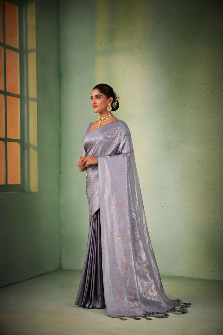 Cadet Grey Silver with Gold Pink Zari Kanjivaram Silk Saree