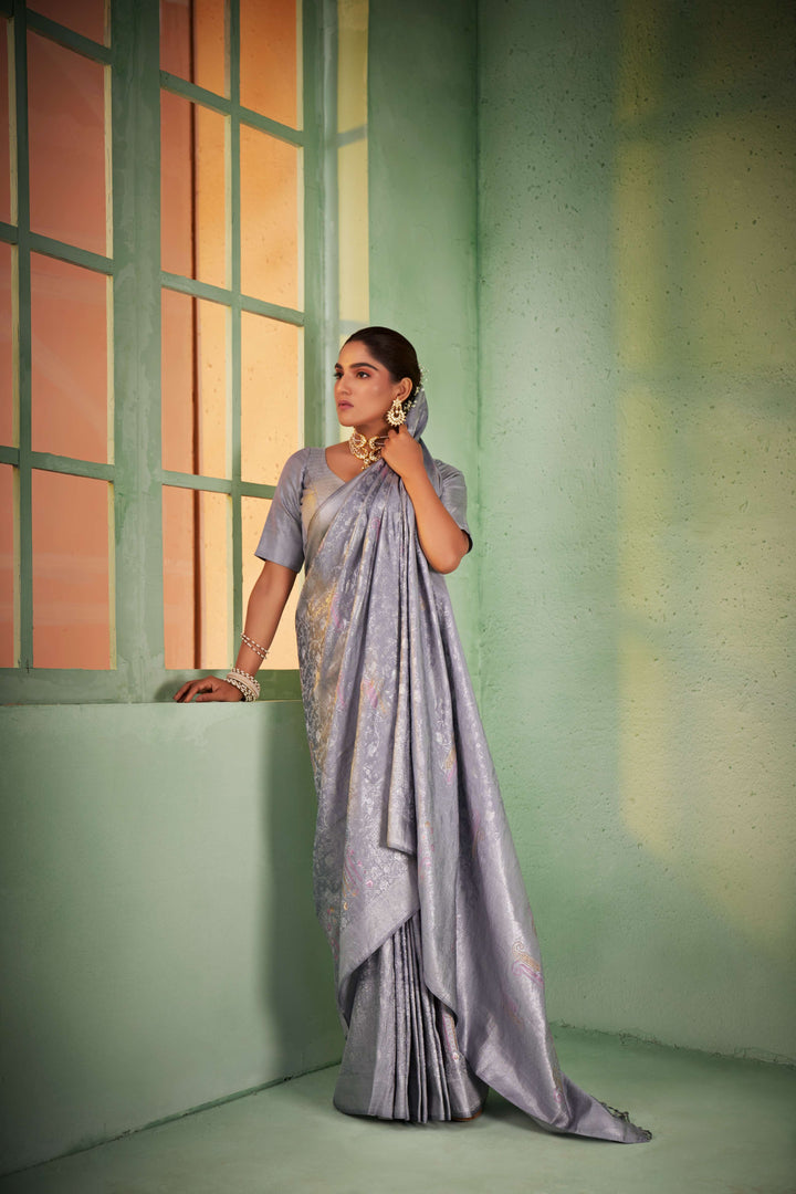 Cadet Grey Silver with Gold Pink Zari Kanjivaram Silk Saree