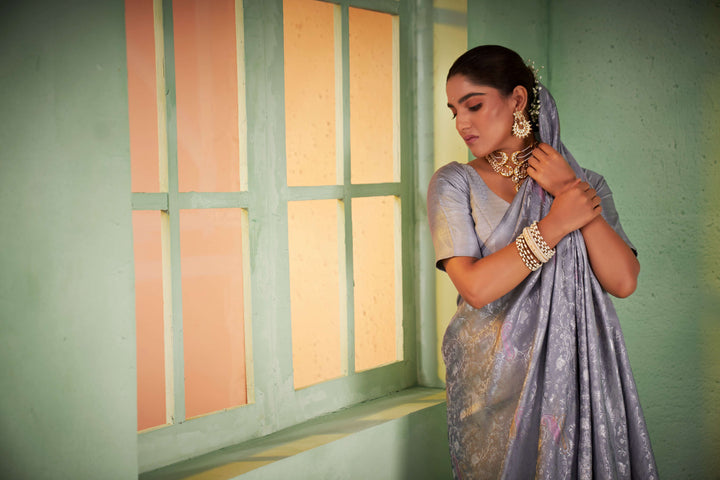 Cadet Grey Silver with Gold Pink Zari Kanjivaram Silk Saree