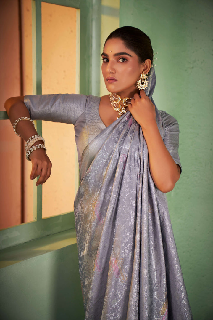 Cadet Grey Silver with Gold Pink Zari Kanjivaram Silk Saree