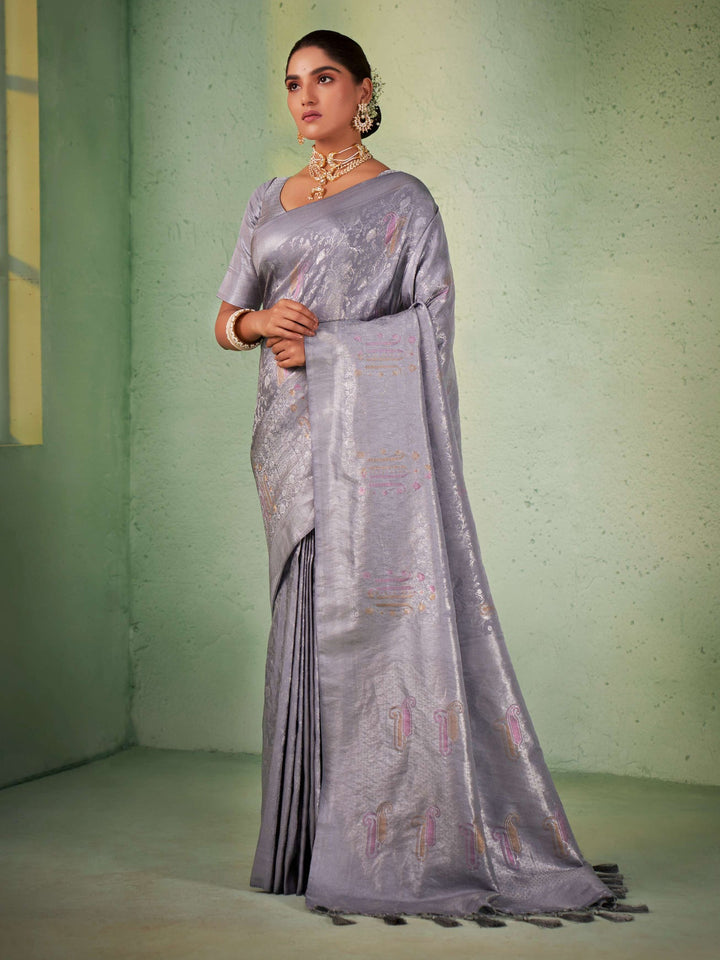 Cadet Grey Silver with Gold Pink Zari Kanjivaram Silk Saree