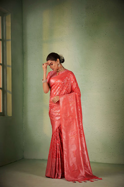 Bittersweet Red Silver with Gold Pink Zari Kanjivaram Silk Saree